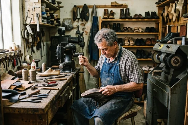 Sapateiro em Arapongas reformando um par de sapatos, prestando atenção nos detalhes.