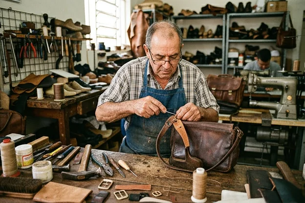 Sapateiro em Arapongas reformando bolsa de couro, ressaltando o trabalho de qualidade.