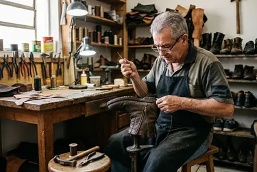 Sapateiro em Arapongas ajustando o zíper de uma bota com ferramentas específicas.