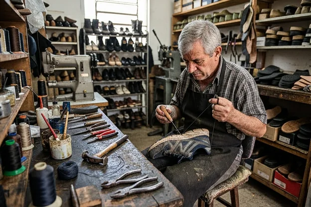 Sapateiro em Arapongas reparando um tênis, focando na qualidade do serviço.